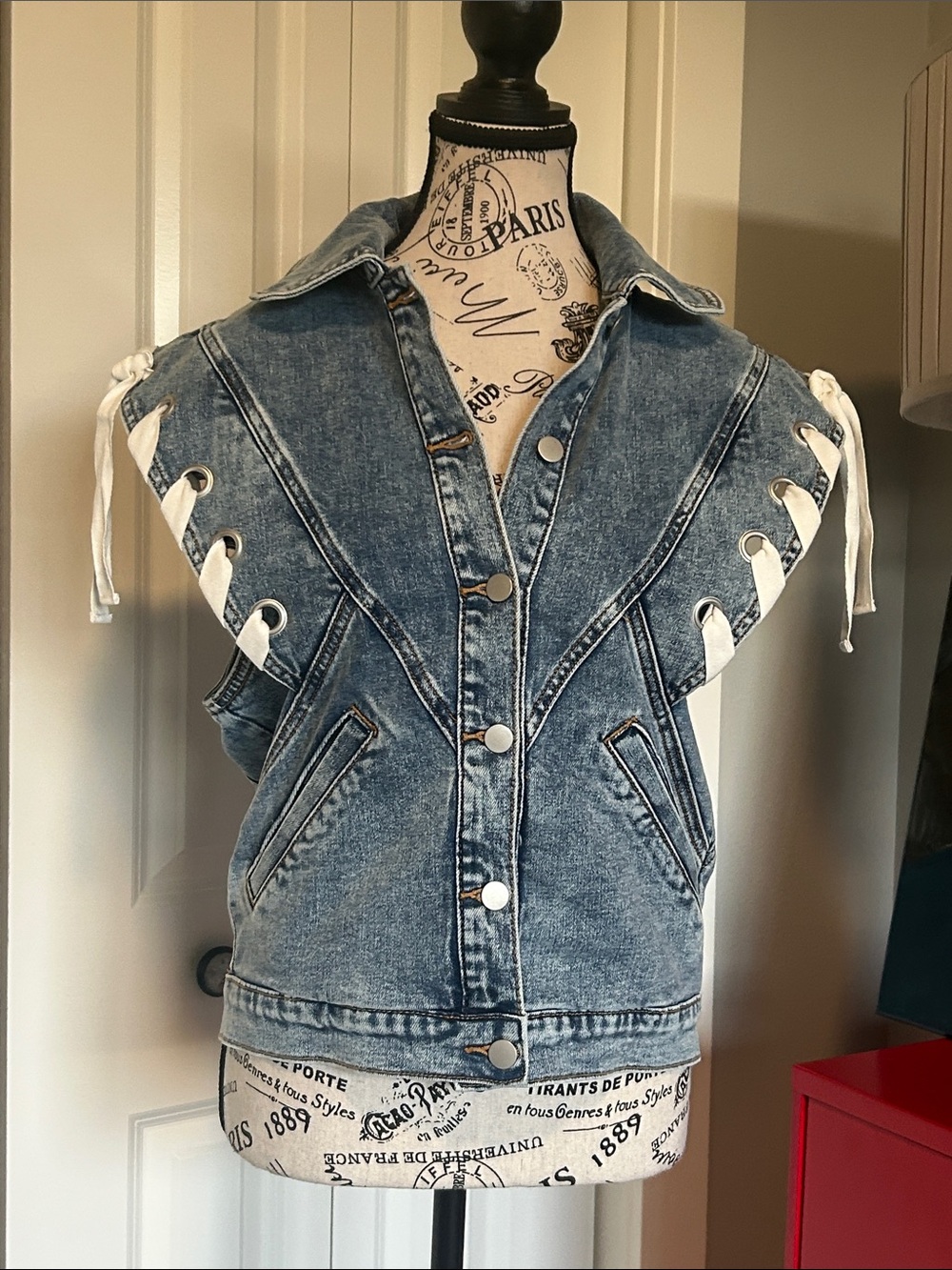 NWT Denim Lace-Up Sleeveless Jacket